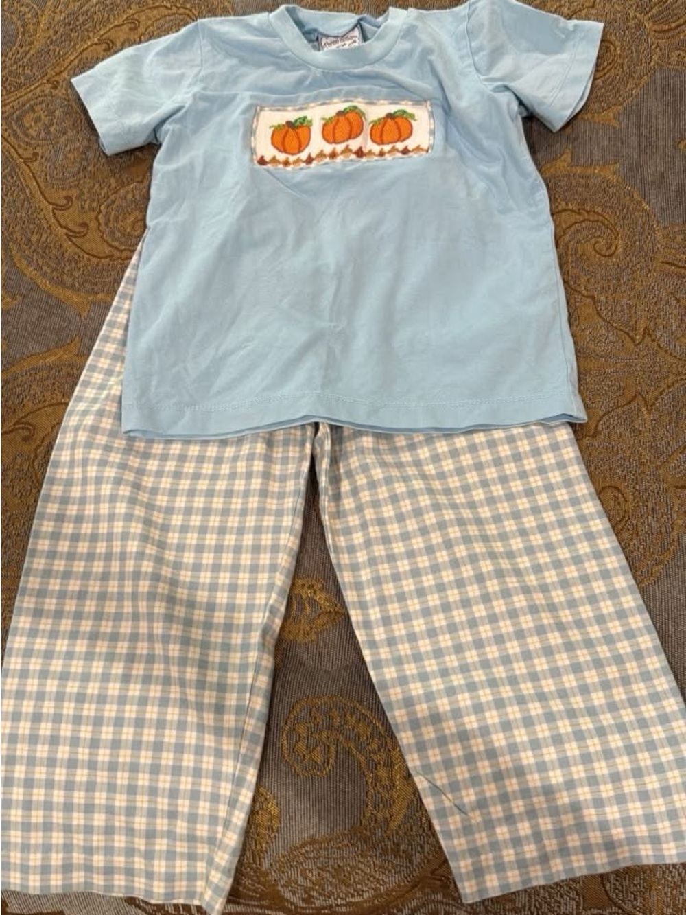 Light Blue Pumpkin Pajama Set with Gingham Pants
